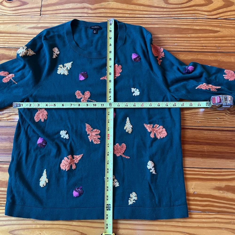 Talbots Green Sweater With Leaf Glitter Accents “Fall Perfect” Size XL - Picture 6 of 8